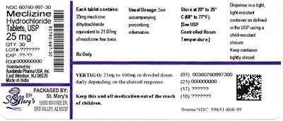 997 (Meclizine Hydrochloride 25mg 30ct 60760 997 30)